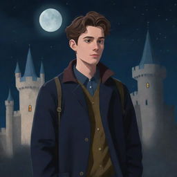 Disney-style illustration of a teenage boy with a hint of facial hair and an earring, dressed in a medieval long coat and a cloth shoulder bag, with a haunted castle calmly resting in the background under a dark night sky.