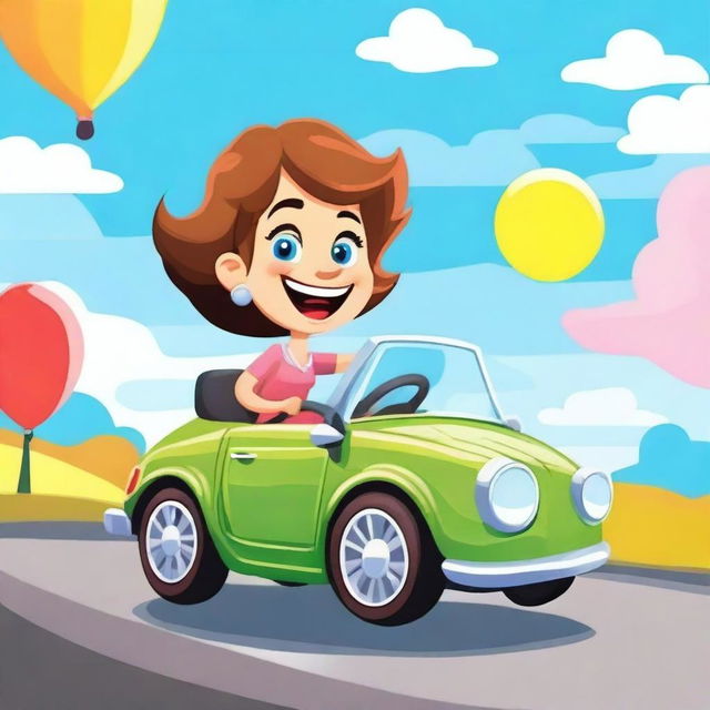 A cheerful lady driving a car in a cartoon illustration