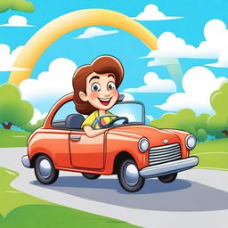 A cheerful lady driving a car in a cartoon illustration