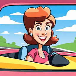 A cheerful lady driving a car in a cartoon illustration