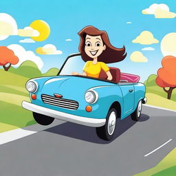 A cheerful lady driving a car in a cartoon illustration