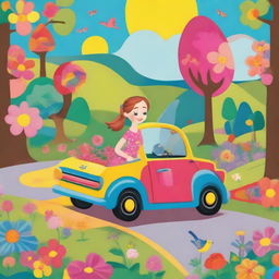 A cheerful lady driving a colorful car through a whimsical landscape, designed for a children's storybook