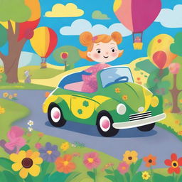 A cheerful lady driving a colorful car through a whimsical landscape, designed for a children's storybook