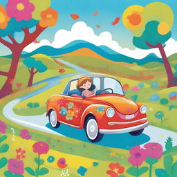 A cheerful lady driving a colorful car through a whimsical landscape, designed for a children's storybook