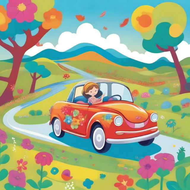 A cheerful lady driving a colorful car through a whimsical landscape, designed for a children's storybook