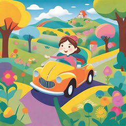 A cheerful lady driving a colorful car through a whimsical landscape, designed for a children's storybook