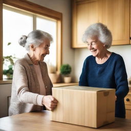 An elderly woman and a young lady are unpacking packages in a cozy kitchen