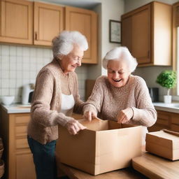 An elderly woman and a young lady are unpacking packages in a cozy kitchen