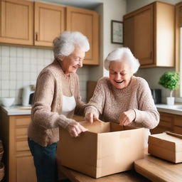 An elderly woman and a young lady are unpacking packages in a cozy kitchen