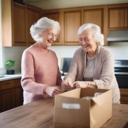 An elderly woman and a young lady are unpacking packages in a cozy kitchen