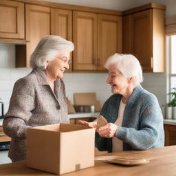 An elderly woman and a young lady are unpacking packages in a cozy kitchen