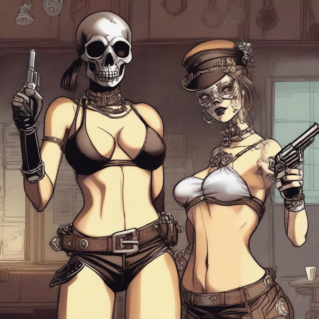 A woman in a sexy bikini wearing a skull mask, styled in steampunk fashion, is involved in a robbery