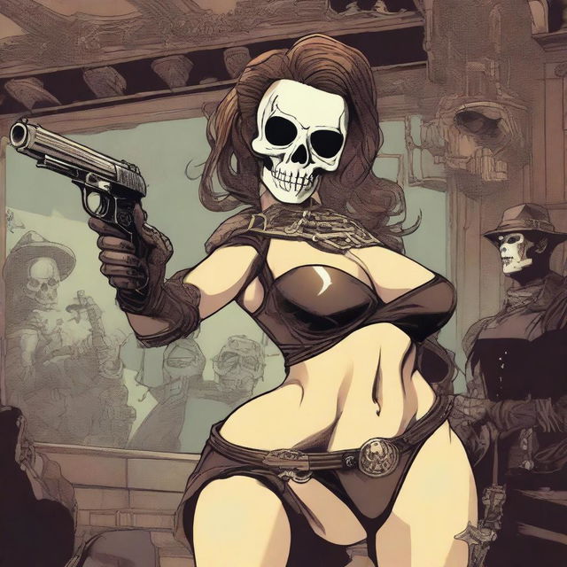 A woman in a sexy bikini wearing a skull mask, styled in steampunk fashion, is involved in a robbery