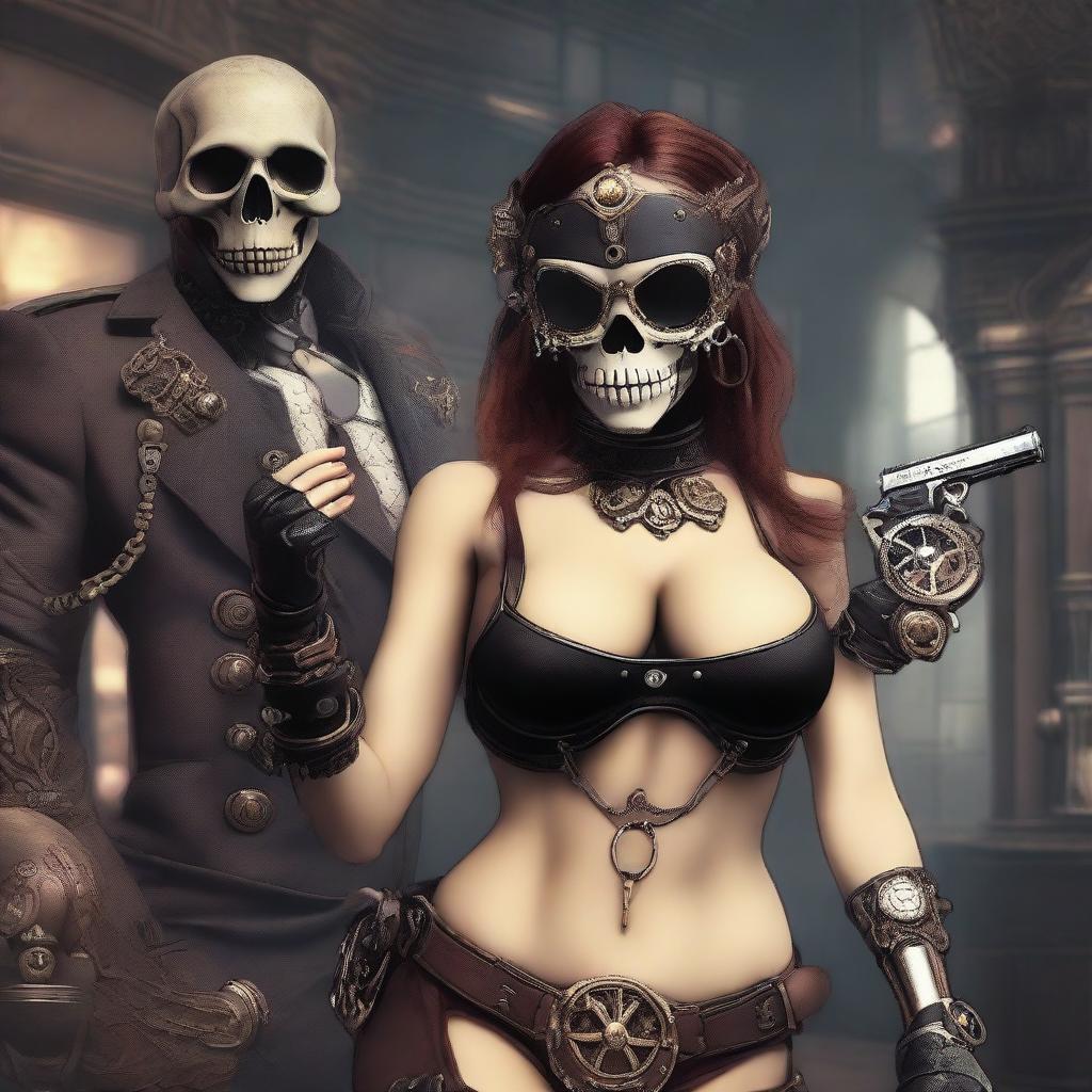 A woman in a sexy bikini, wearing a skull mask, styled in steampunk fashion, is in the middle of a robbery