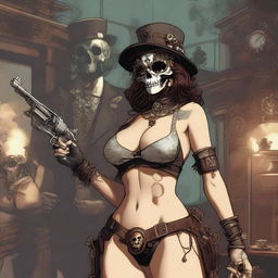 A woman in a sexy bikini, wearing a skull mask, styled in steampunk fashion, is in the middle of a robbery