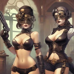 A woman in a sexy bikini, wearing a skull mask, styled in steampunk fashion, is in the middle of a robbery