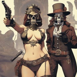 A woman in a sexy bikini, wearing a skull mask, styled in steampunk fashion, is in the middle of a robbery