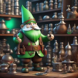 A green rock gnome artificer standing in a whimsical workshop filled with gears, gadgets, and magical artifacts