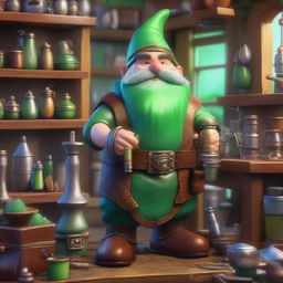 A green rock gnome artificer standing in a whimsical workshop filled with gears, gadgets, and magical artifacts