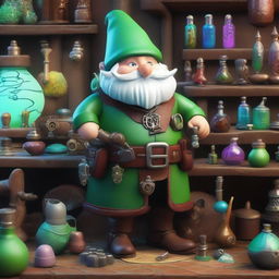 A green rock gnome artificer standing in a whimsical workshop filled with gears, gadgets, and magical artifacts