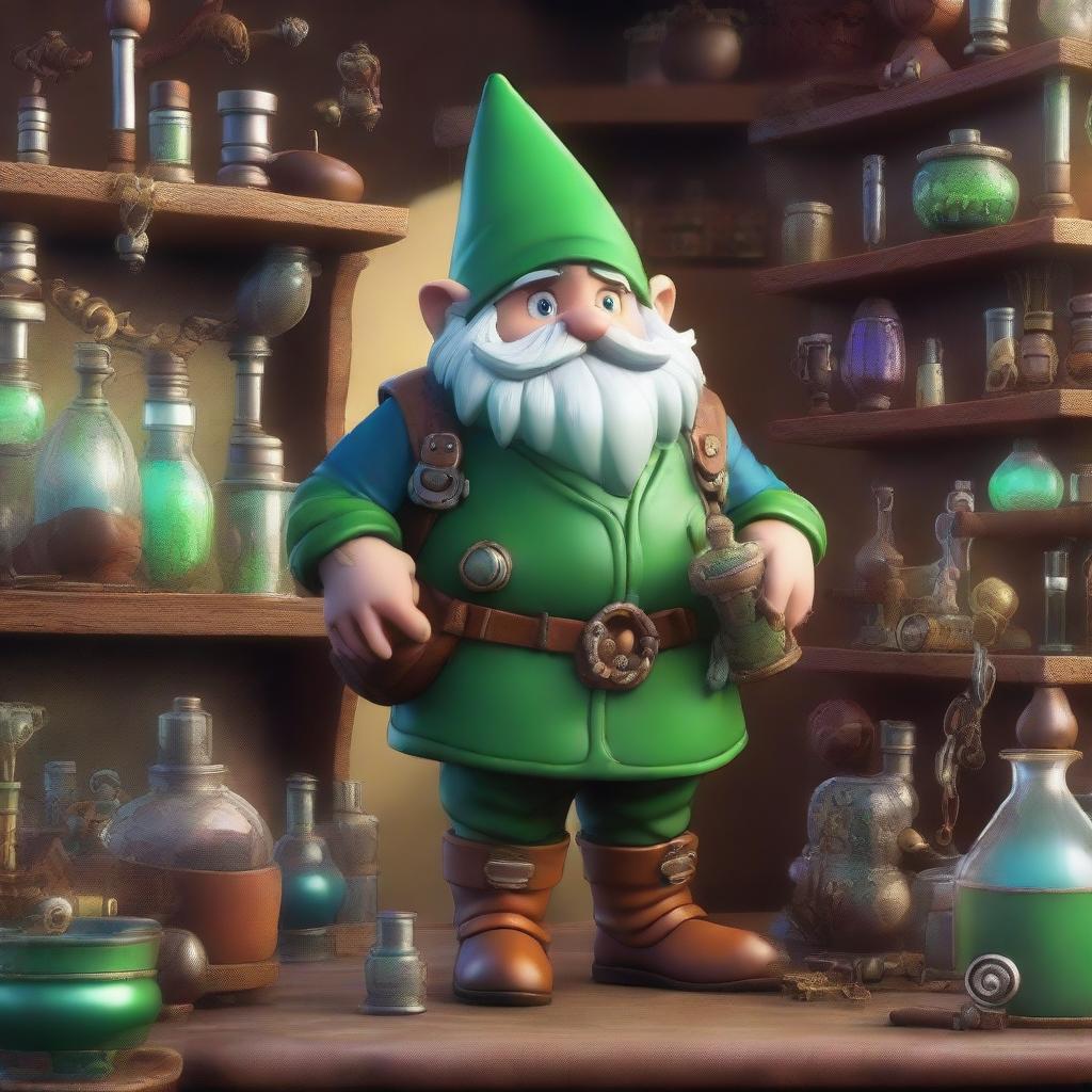 A green rock gnome artificer standing in a whimsical workshop filled with gears, gadgets, and magical artifacts