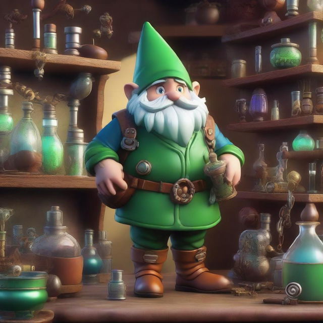 A green rock gnome artificer standing in a whimsical workshop filled with gears, gadgets, and magical artifacts