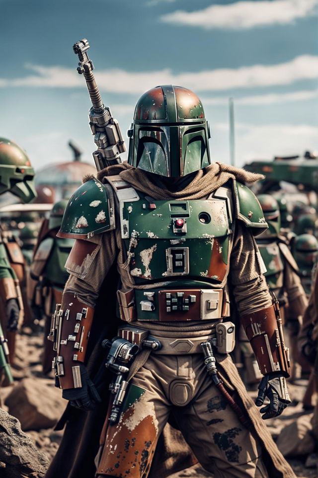 An HD cinema photography image of Boba Fett in an epic Star Wars scene, fully zoomed out to show his armor and surroundings.