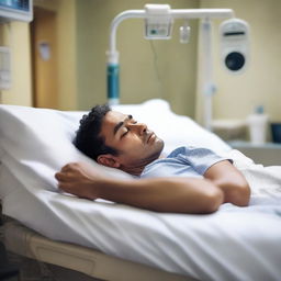 A man lying in a hospital bed, peacefully dreaming