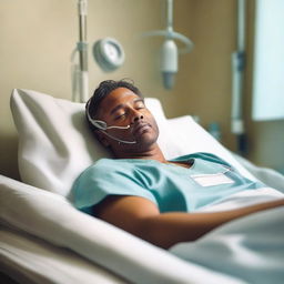 A man lying in a hospital bed, peacefully dreaming