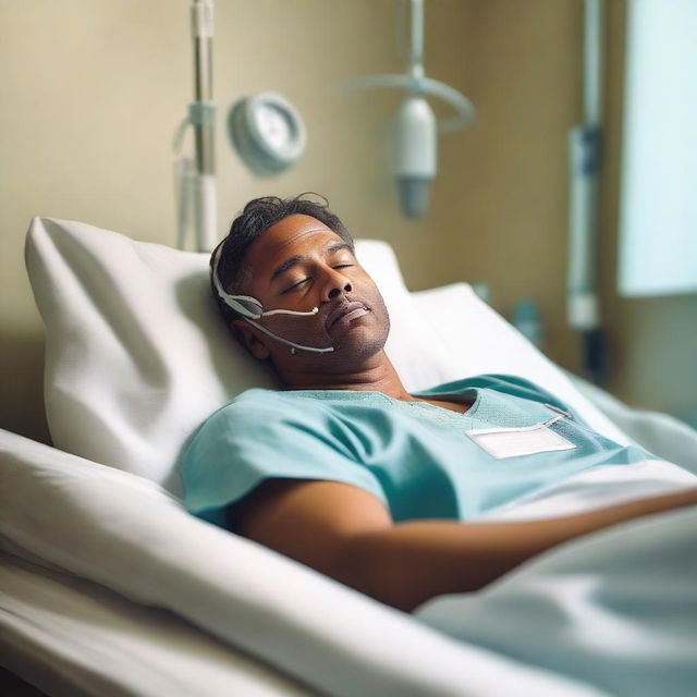 A man lying in a hospital bed, peacefully dreaming