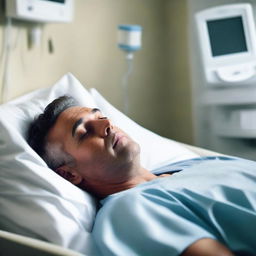 A man lying in a hospital bed, peacefully dreaming