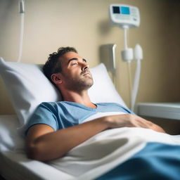 A man lying in a hospital bed, peacefully dreaming