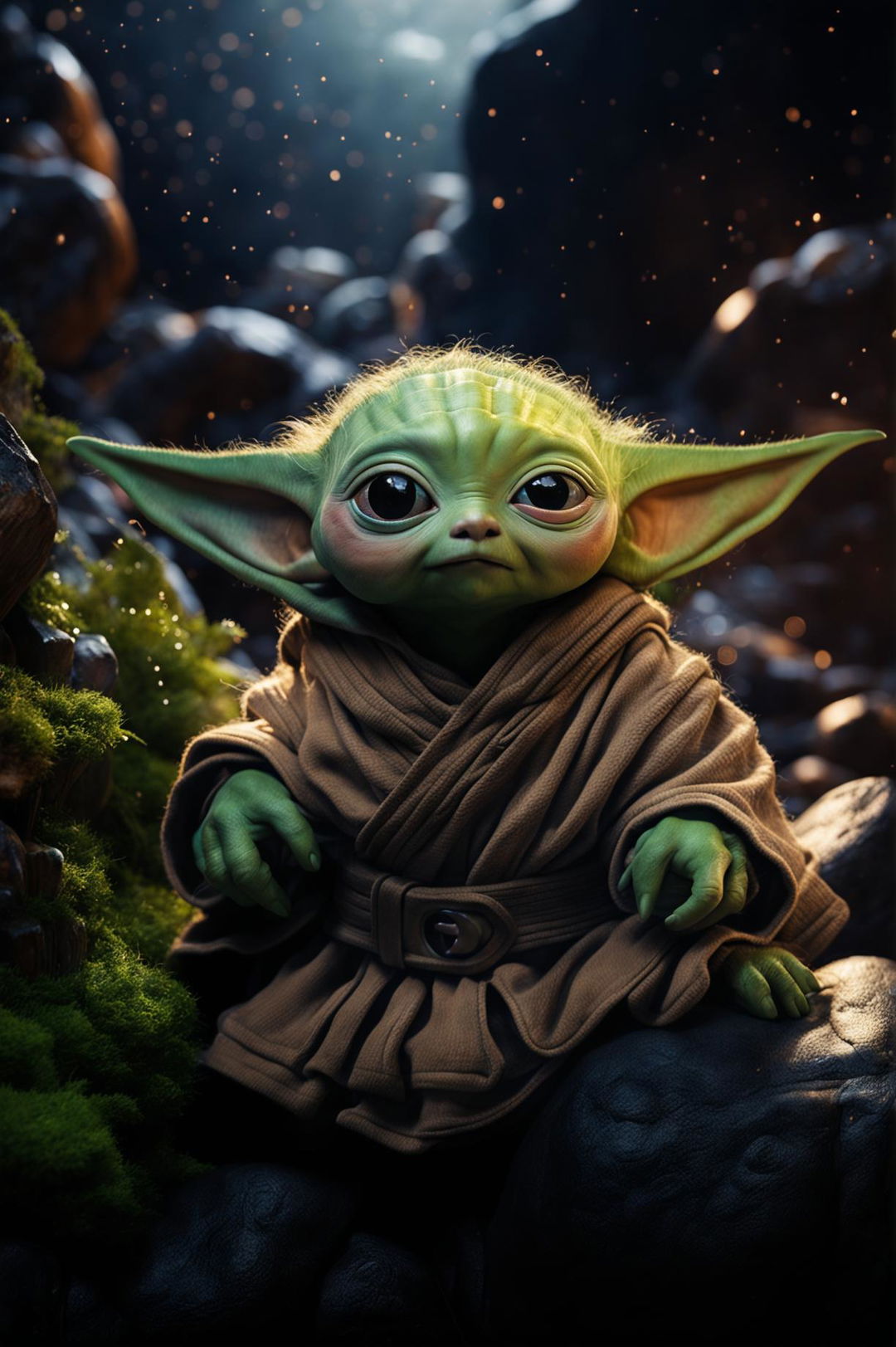 An HD cinema photography image of Baby Yoda (Grogu) in an epic Star Wars scene, highlighting his endearing features and a magical, adventurous background