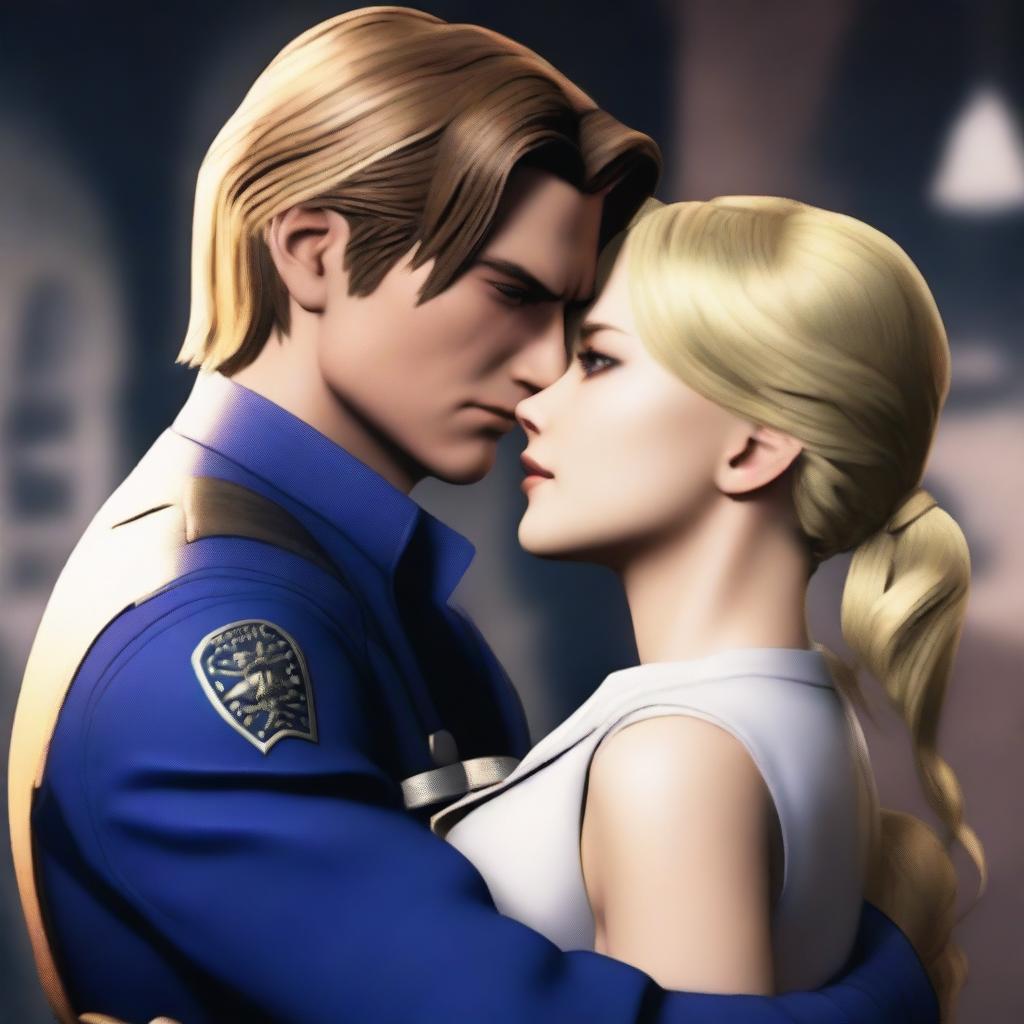 The image shows Leon Scott Kennedy and Ezdra Martinez standing in a romantic and intimate embrace