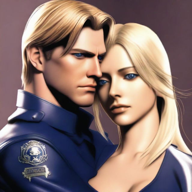 The image shows Leon Scott Kennedy and Ezdra Martinez standing in a romantic and intimate embrace