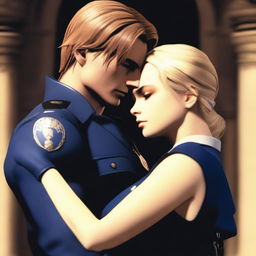 The image shows Leon Scott Kennedy and Ezdra Martinez standing in a romantic and intimate embrace