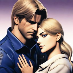 The image shows Leon Scott Kennedy and Ezdra Martinez standing in a romantic and intimate embrace