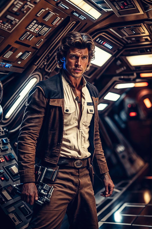 An HD cinema photography image of Han Solo in an epic Star Wars scene, showcasing his adventurous spirit and iconic outfit in a dynamic environment