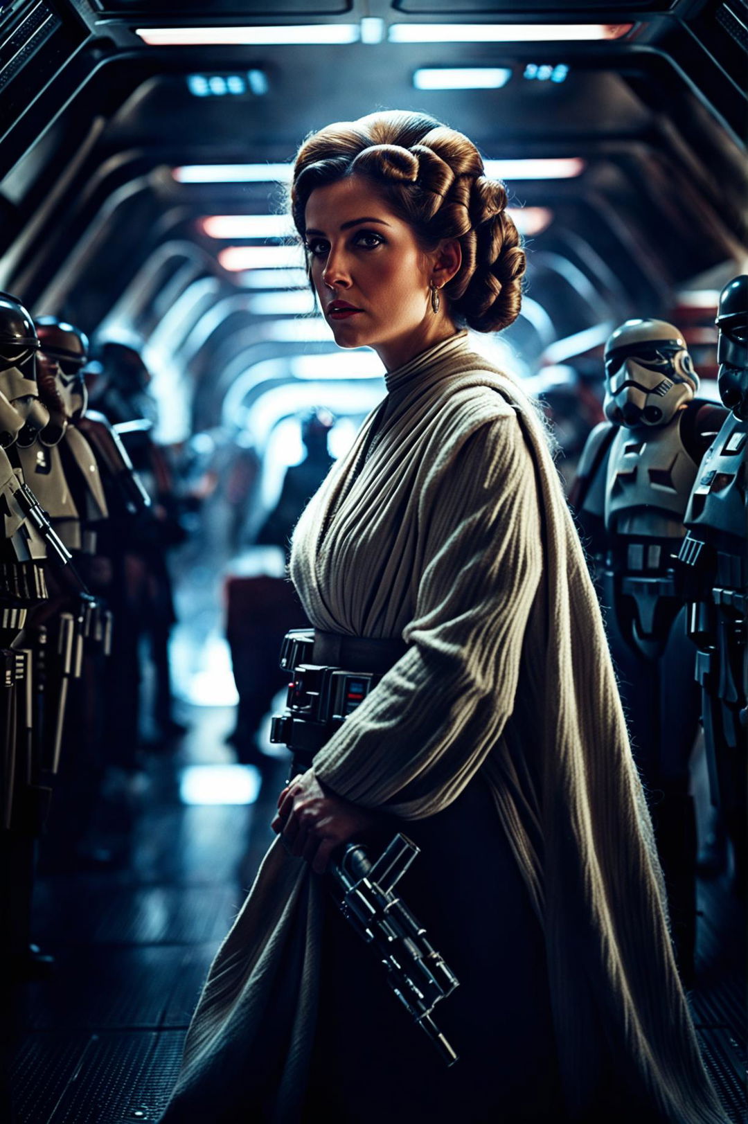 An HD cinema photography image of Princess Leia in an epic Star Wars scene, showcasing her strength and regal presence in a dramatic environment