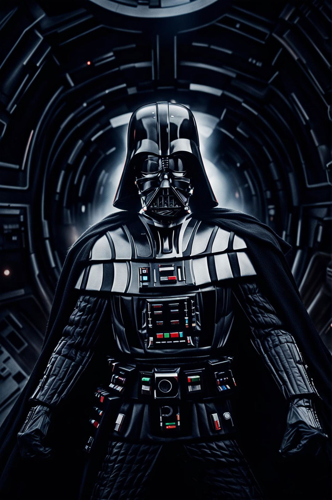 An HD cinema photography image of Darth Vader in an epic Star Wars scene, showcasing his menacing presence and iconic black armor in a dark, foreboding environment