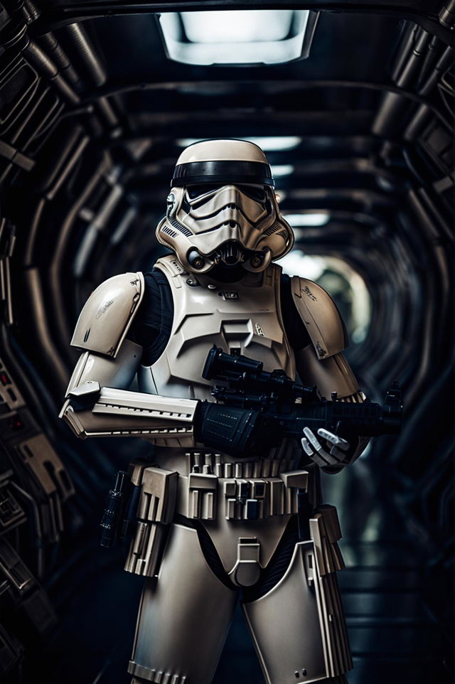 An HD cinema photography image of a Stormtrooper in an epic Star Wars scene, showcasing its disciplined presence and classic white armor in an intense environment