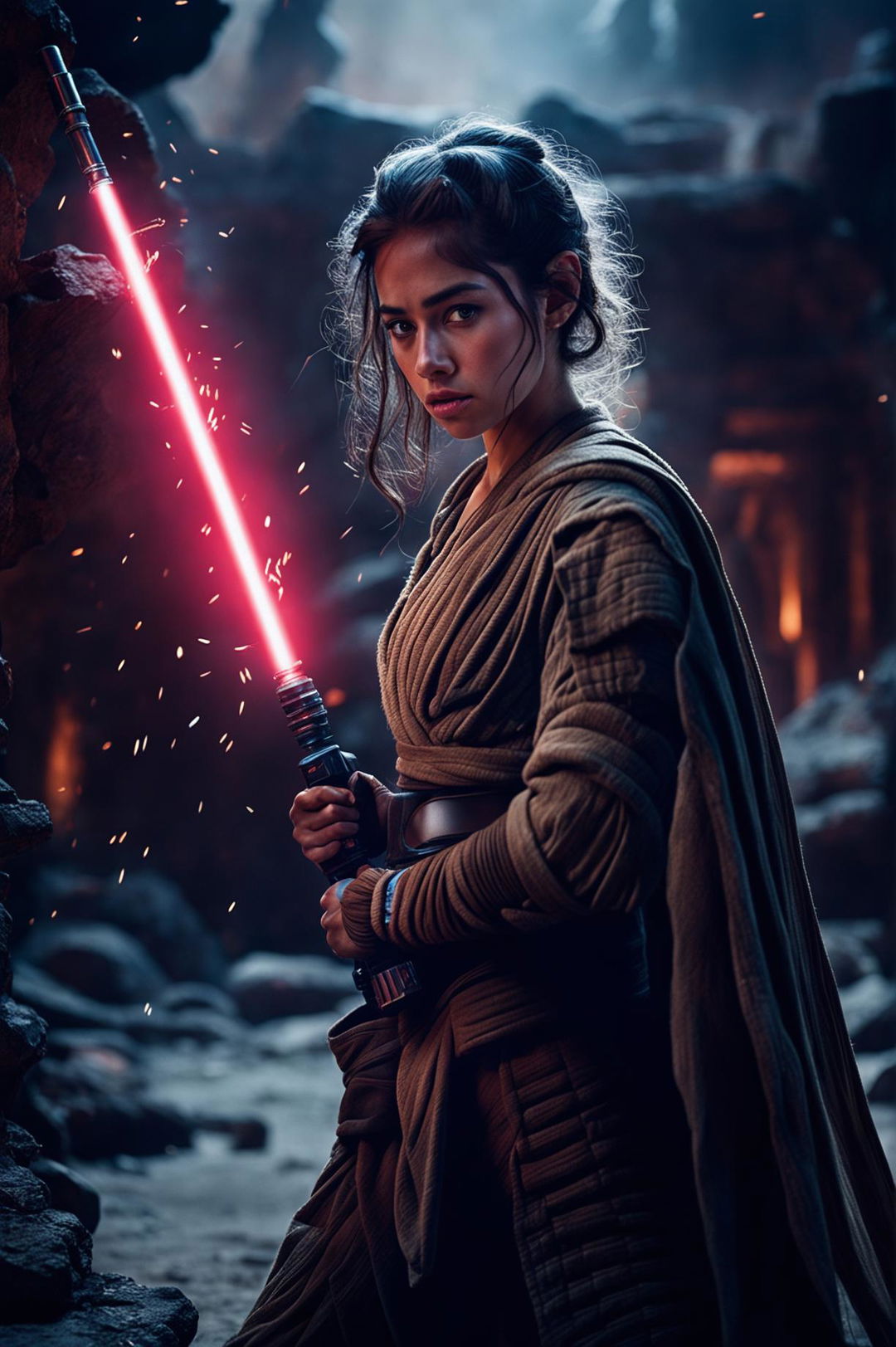 An HD cinema photography image of Rey in an epic Star Wars scene, showcasing her strength and mystique in a dramatic environment