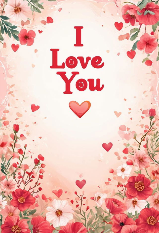 Book cover design featuring the text 'I Love You' with a beautiful, romantic background using soft, warm colors and imagery like hearts, flowers, or a serene landscape