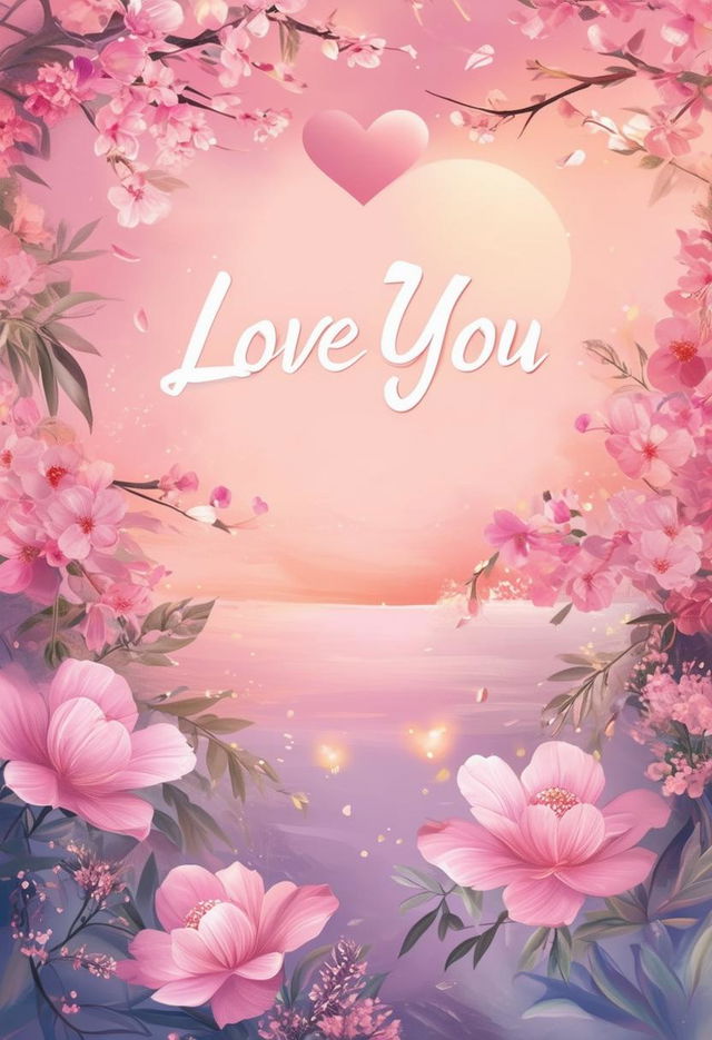 Book cover design with the text 'Love You' and a beautiful, romantic background using soft, warm colors and imagery like hearts, flowers, or a serene landscape