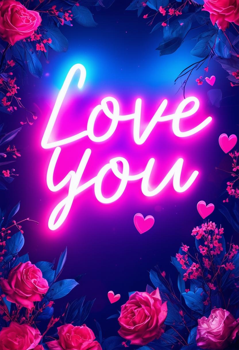 Book cover design with neon text 'Love You' and a beautiful, romantic background using vibrant colors and imagery like hearts, flowers, or a serene nightscape