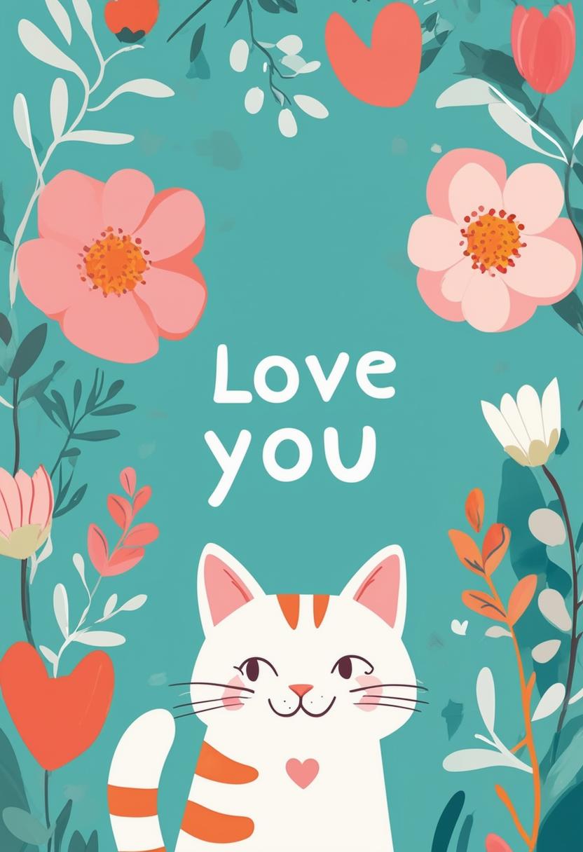 Book cover design featuring the text 'Love You' with a cute cat background, using a soft and inviting color palette to evoke warmth and affection