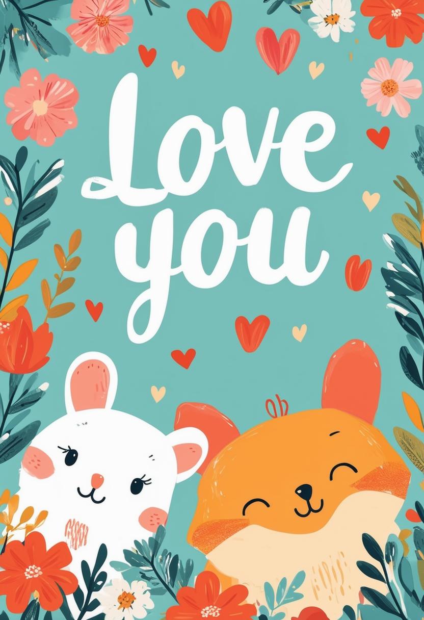 Book cover design featuring the text 'Love You' with a cute and endearing background, using a soft and inviting color palette and imagery like adorable animals, whimsical patterns, or playful elements