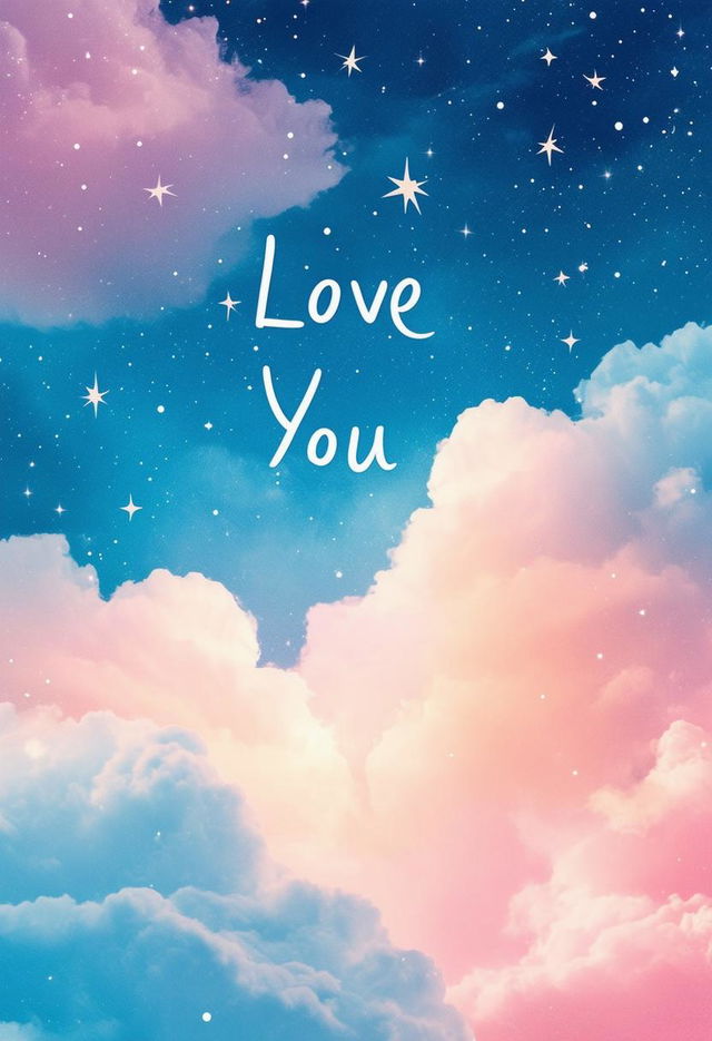 Book cover design featuring the text 'Love You' with a dreamy sky background, using a soft and ethereal color palette with whimsical clouds, stars, and a subtle glow