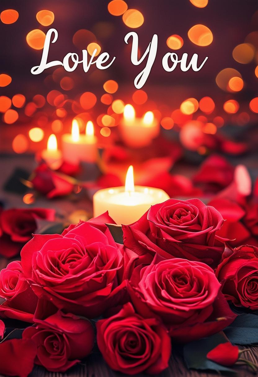 Book cover design featuring the text 'Love You' with a romantic background, using a warm color palette and imagery like roses, hearts, and candlelight