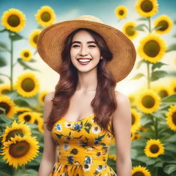 A joyful and radiant image of a happy woman wearing a sunflower-patterned dress and a stylish hat